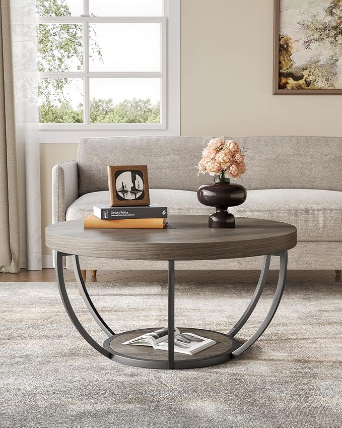LITTLE TREE Round Coffee Table, 2-Tier Wood Accent Center Table - Image 5
