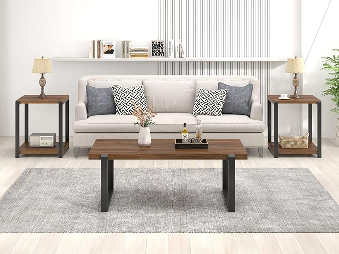 FOLUBAN Modern Coffee Table, Rustic Wood and Metal Center Table, Industrial - Image 7