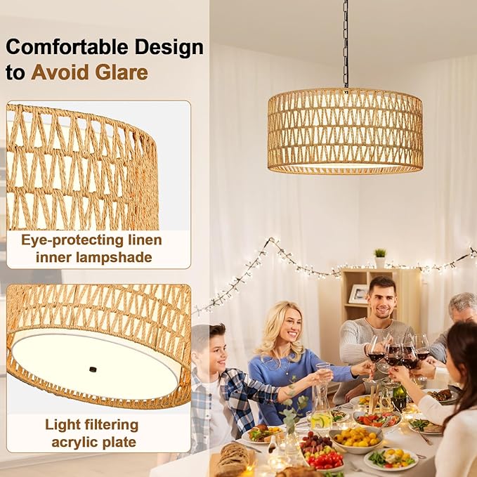 Farmhouse Chandeliers for Dining Room, Hand Woven 5-Light Rattan Pendant Light - Image 5