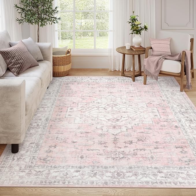 LIVEBOX Pink 8x10 Area Rug for Bedroom Girls, Boho Washable Rugs for Living by LIVEBOX