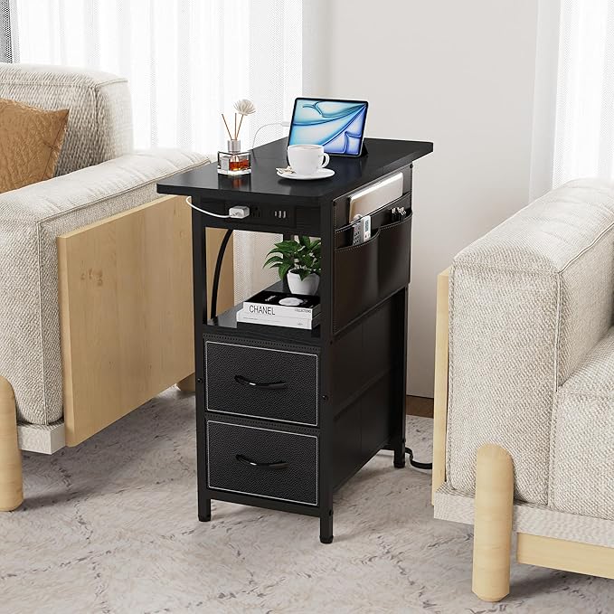 Small Side Table with Charging Station, Narrow Nightstand Bedside Tables with - Image 6