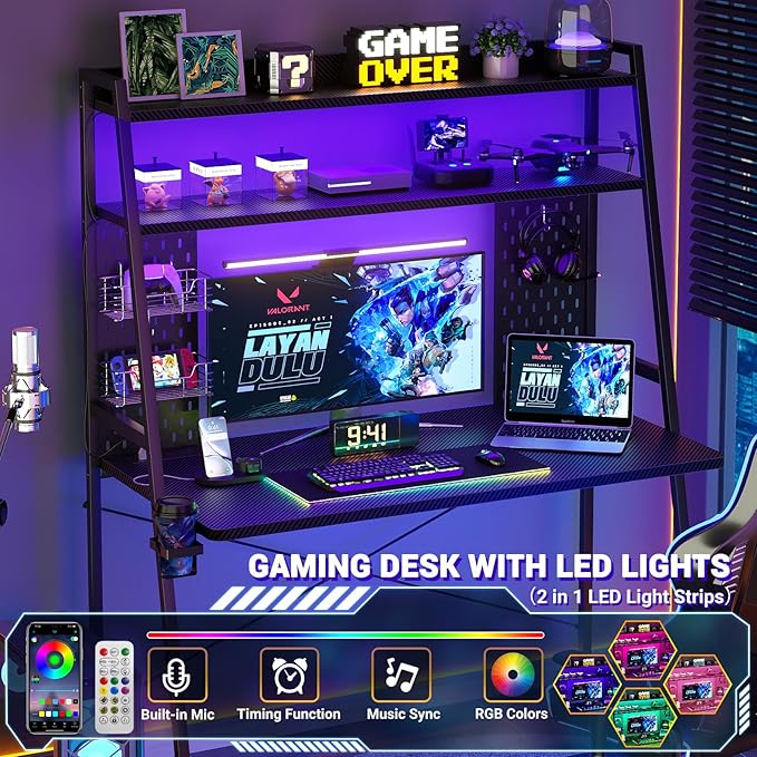 Small Gaming Desk with Hutch and LED Lights, Gaming Computer Desk with Power - Image 4