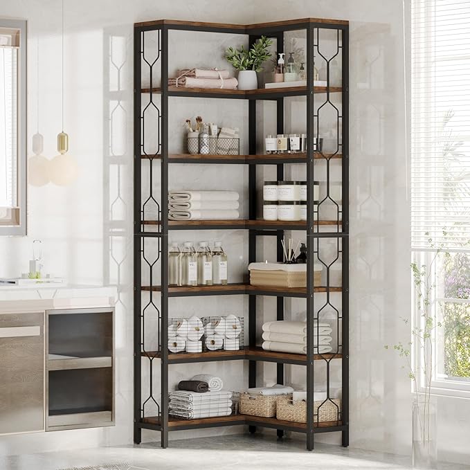 Tribesigns Corner Shelf, 7-Tier Industrial Corner Bookshelf, Wood and Metal - Image 3
