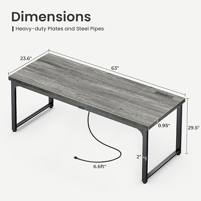 Huuger 63 x 24 inch Desk with Power Outlets & USB-C, Deeper & Thicker Desktop - Image 3
