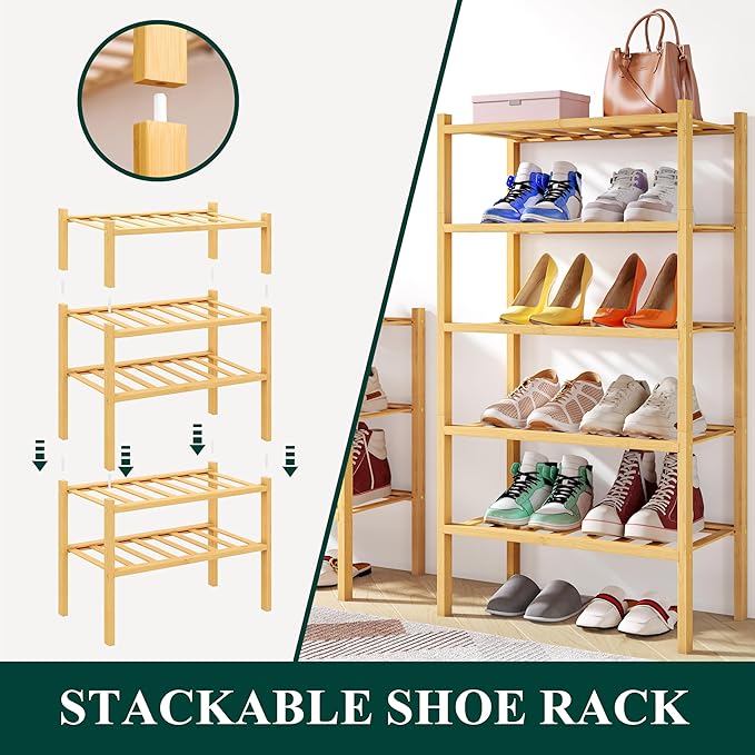 Smiry Shoe Rack, 3 Tier Small Bamboo Shoe Organizer, Stackable Free Standing - Image 4