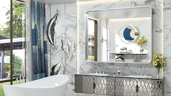 TokeShimi 48x40 Inch Brushed Silver Bathroom Mirror - Image 2