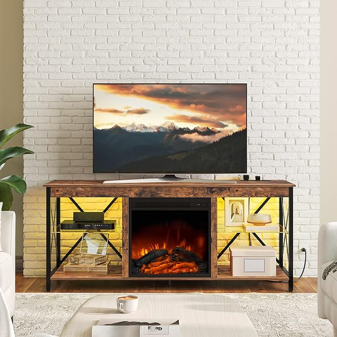 HOOBRO Fireplace TV Stand with Charging Station and LED Lights, TV Stand with - Image 3