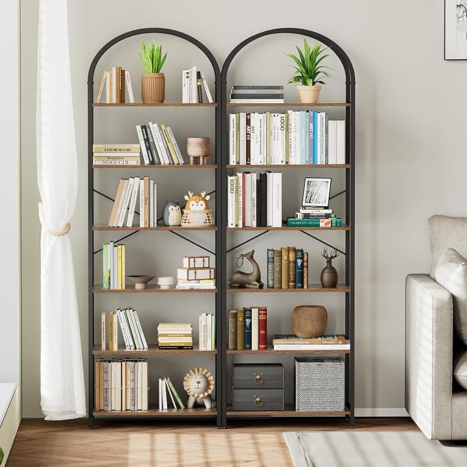 Homhedy 6-Tier Bookshelf Arched Display Racks, Wood and Metal Bookcase - Image 4