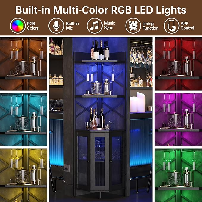 Corner Bar Cabinet with Power Outlet, 5-Tier Corner Wine Cabinet with Led Strip - Image 3