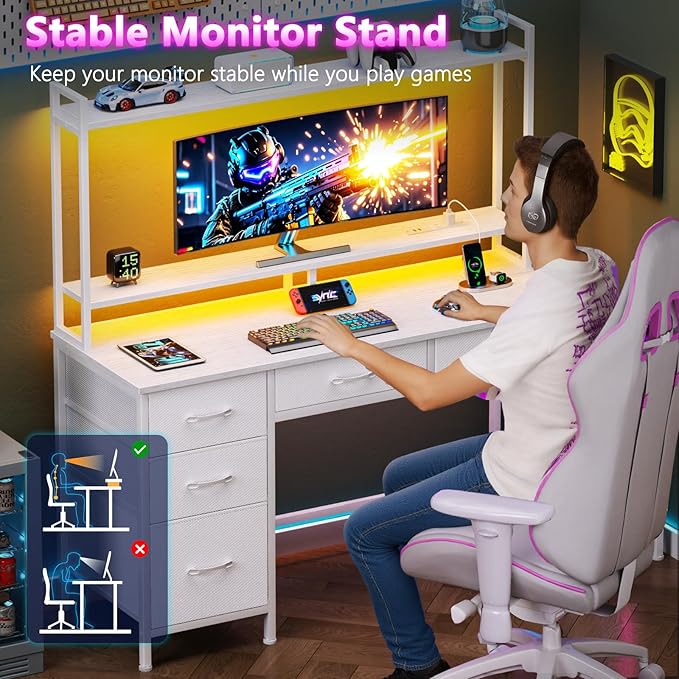 Computer Gaming Desk with Hutch, Home Office Desk with Power Outlets, LED Light - Image 8