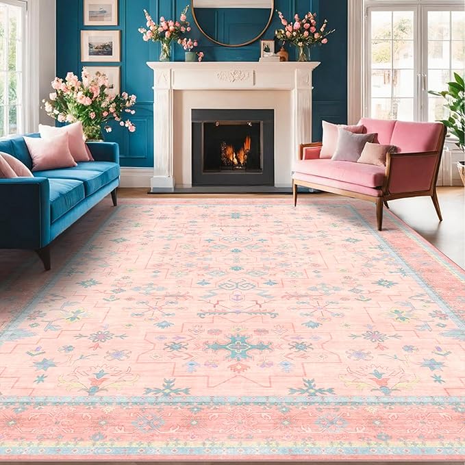 Washable Pink and Blue 6x9 Oushak Rugs - Image 4