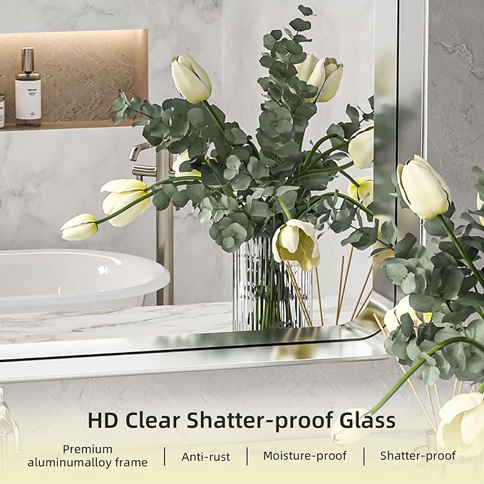 Hasipu Brushed Silver Bathroom Mirror 59x39 Inch Rounded Rectangle Vanity - Image 4
