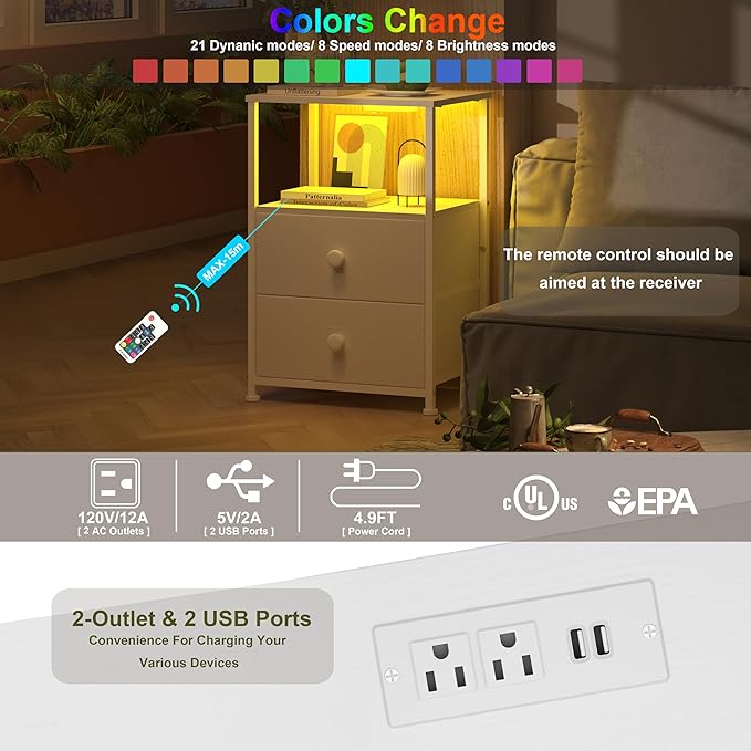 Tohomeor Nightstand with Charging Station LED Light End Table Bedroom Bed Side - Image 4