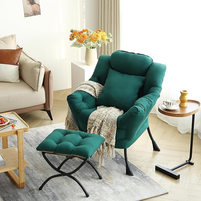 Lazy Chair with Ottoman, Comfy Reading Chair with Footstool & Pillow Modern - Image 2