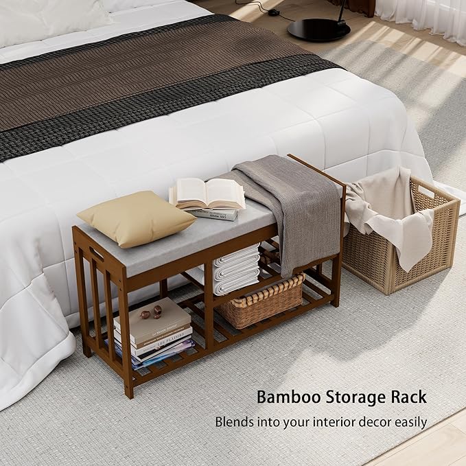 3-Tier Bamboo Shoe Rack Bench, Shoe Storage Organizer Bench, Entryway Benchs - Image 6
