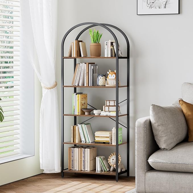 Homhedy 5-Tier Bookshelf Arched Display Racks, Wood and Metal Bookcase by Homhedy