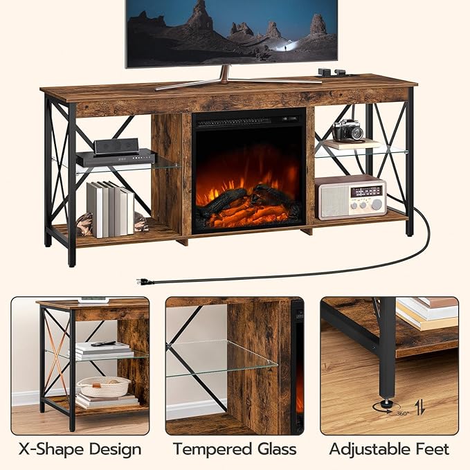 HOOBRO Fireplace TV Stand with Charging Station and LED Lights, TV Stand with - Image 9