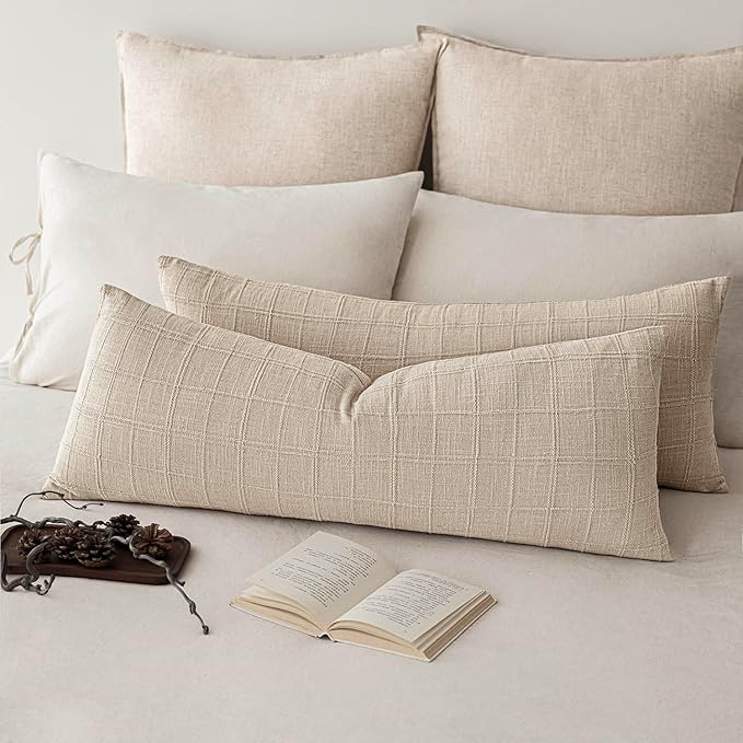 Foindtower Set of 2 Decorative Linen Check Throw Pillow Covers Neutral Long by Foindtower