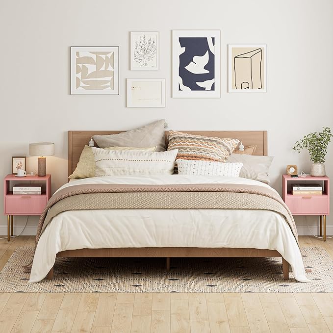 Masupu Nightstand with Charging Station, Mid-Century Modern Bedside Table with - Image 5