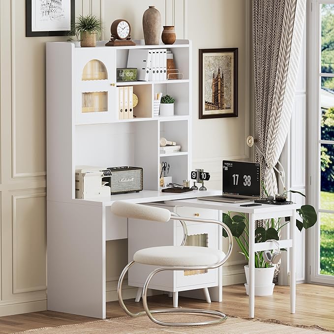 Merax Computer Desk with 90 Degree Rotating Desktop, L Shaped Office Desk with by Merax