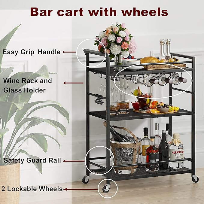3 Tier Bar Cart, Home Bar Serving Cart - Image 6