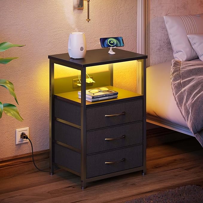Seventable Nightstand with Charging Station and LED Light, Bedside End Table - Image 2