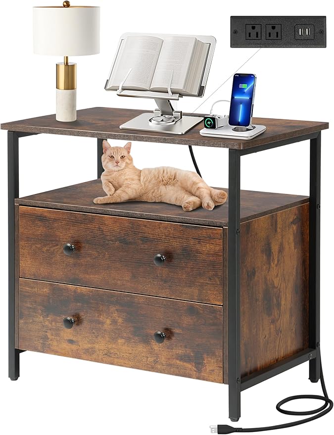 27 inch Wide Nightstand with Charging Station, Bedside Table with Open Shelf by Edbuosy