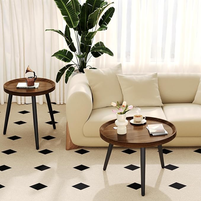 Small Round Coffee Table Set of 2, Walnut Coffee Tables - Image 7