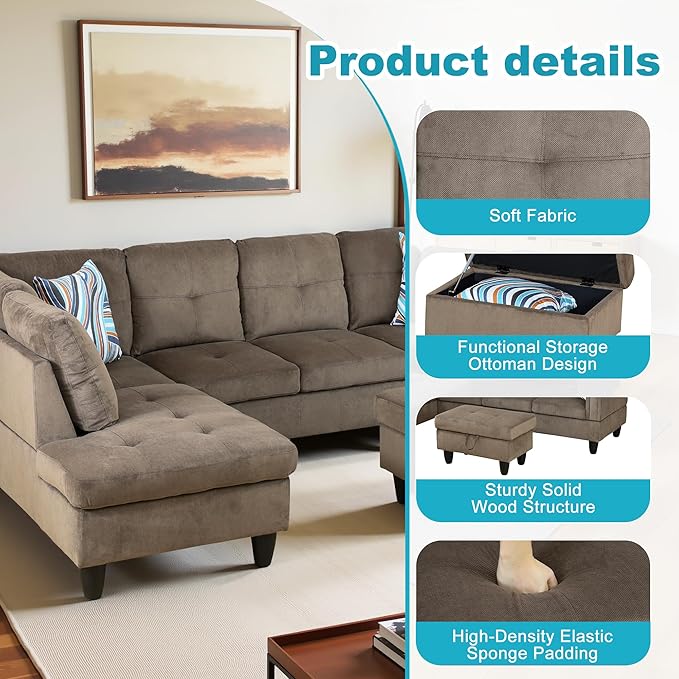 L Shaped Couch Modern Sectional Couch Upholstered Velvet Fabric 3 Pieces Sofas - Image 5