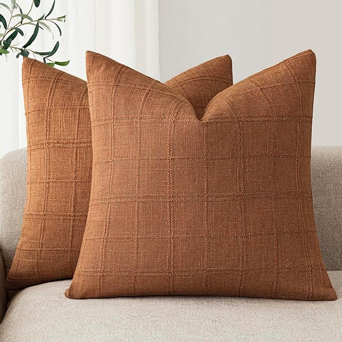 Foindtower Set of 2 Decorative Linen Check Throw Pillow Covers Neutral by Foindtower