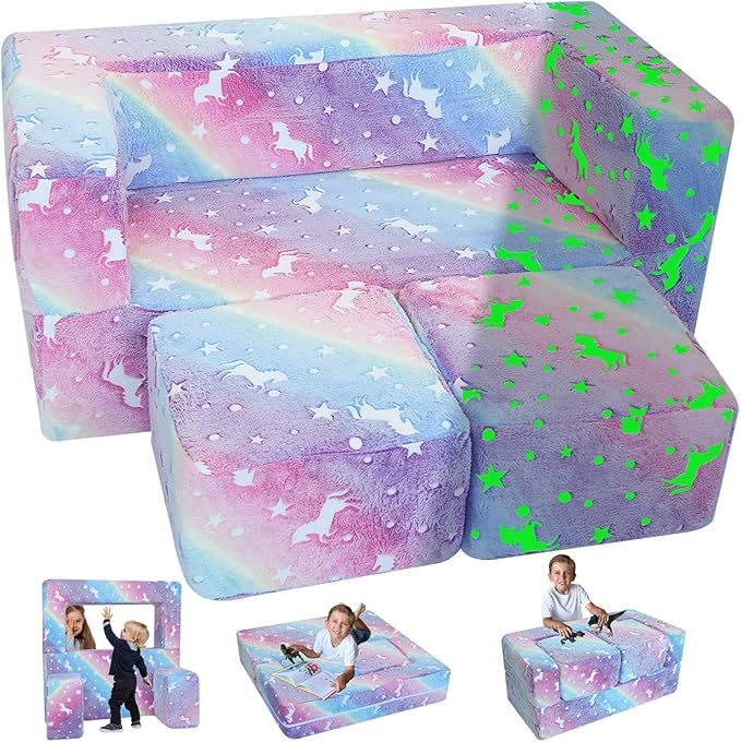 MeMoreCool Glow in The Dark Kids Couch, Rainbow Fold Out Toddler Sofa, Modular by MeMoreCool