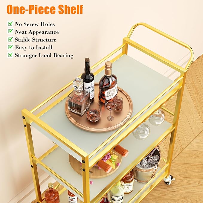 Gold Bar Cart, Serving Cart for Home, Rolling Beverage Cart - Image 3