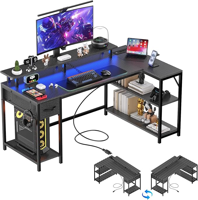 47 inch Gaming Desk with USB Charging Ports and LED Light, Reversible L Shaped by Eivanet