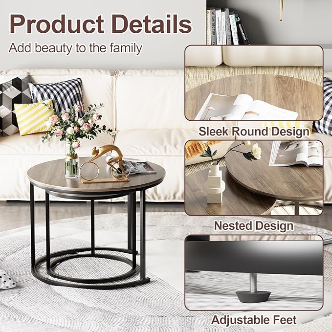 Garden 4 you Nesting Coffee Table, 23.6" Round Coffee Table Set of 2, Wooden - Image 5