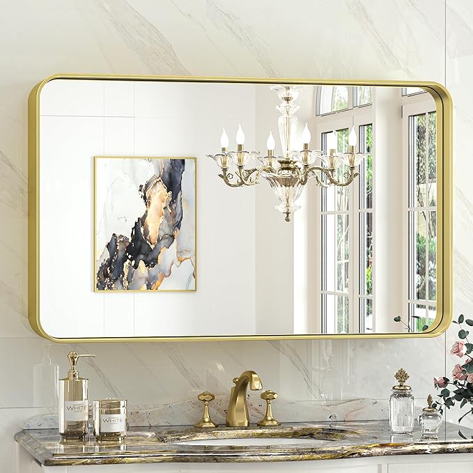 TokeShimi Gold Bathroom Mirror for Wall 40 x 24 Inch Rounded Corner Rectangle by RefinedBathroomAccessories