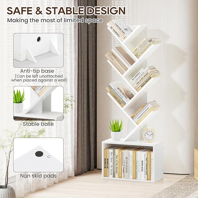6 Tier Tree Bookshelf, Sturdy Retro Floor Standing Wood Bookcase, Storage Rack - Image 6