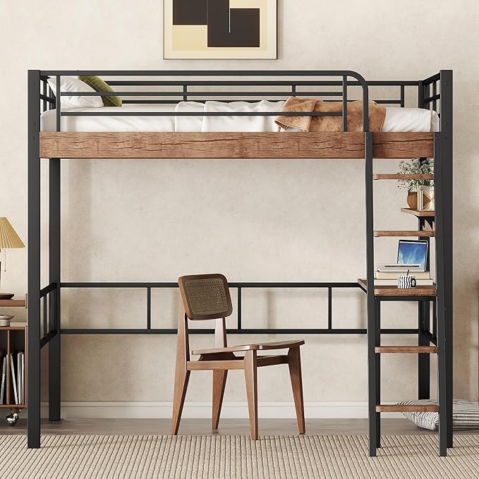 Metal Full Size Loft Bed with Built-in Desk, Storage Shelf and Ladder, - Image 3