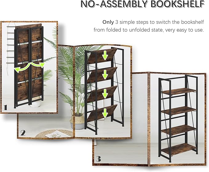 4NM No-Assembly Folding Bookshelf Storage Shelves 4 Tiers Vintage Bookcase - Image 9