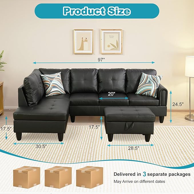 L Shaped Couch Faux Leather Sectional Couch Upholstered 3 Pieces Sofas - Image 2