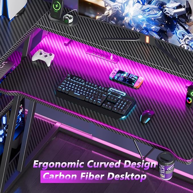 55 Inch Gaming Desk with Power Outlet & LED Lights, L Shaped Gamer Computer - Image 8