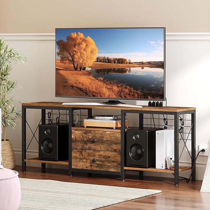 TV Stand with Power Outlet Up to 60 Inch, Entertainment Center with 2 Fabric - Image 2