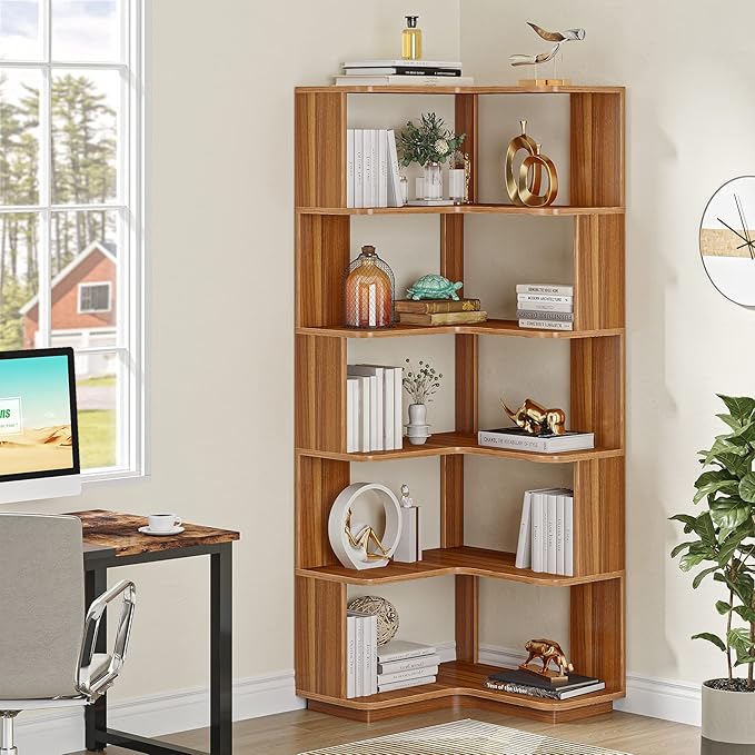 LITTLE TREE 6-Shelf Corner Bookshelf, 65” Tall L Shaped Bookcase, 6-Tier - Image 9