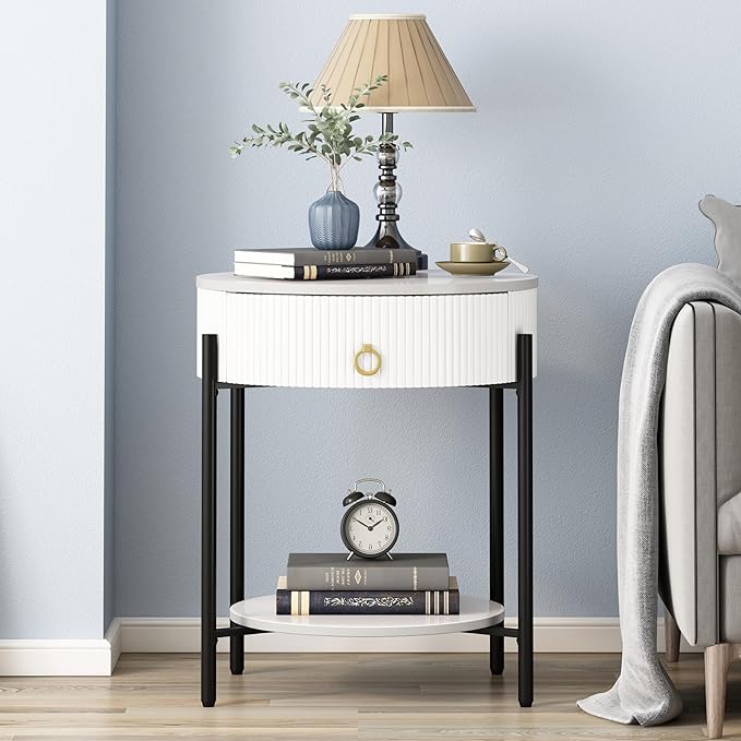 OIOG Round End Table with Drawer, Modern 2 Tier NightStand with Shelf, Small by OIOG