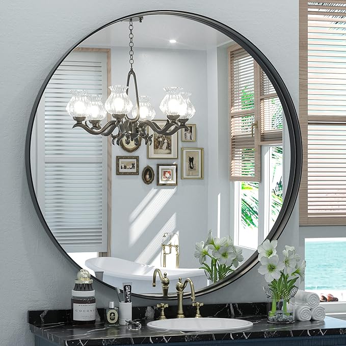 Keonjinn Black Round Mirror 36 Inch, Brushed Black Framed Circle Mirror by Keonjinn
