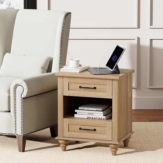 WAMPAT Oak Night Stand with 2 Drawers, Wooden Sofa Side Table with Charging - Image 3