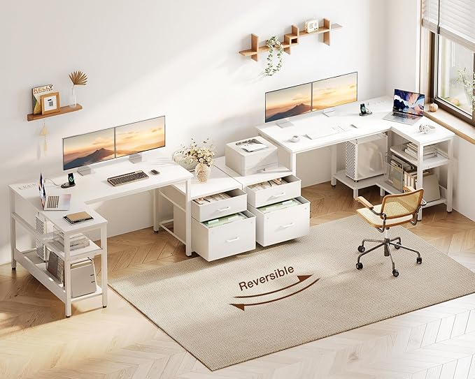 Casaottima L Shaped Desk with Drawers & File Cabinet, Reversible White Computer - Image 8