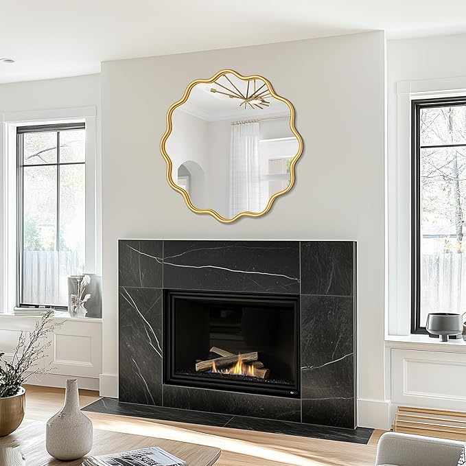 PROHOMEWARE Gold Round Mirror 30 Inch Wavy Bathroom Vanity Mirror Gold Frame - Image 5