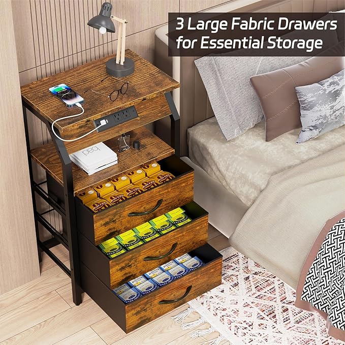 End Table with Charging Station, Nightstand with LED Lights and 3 Drawers - Image 5
