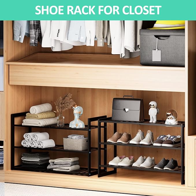 Bamboo Shoe Rack for Entryway, Stackable 3 Tier Shoe Organizer Shelf Storage - Image 4