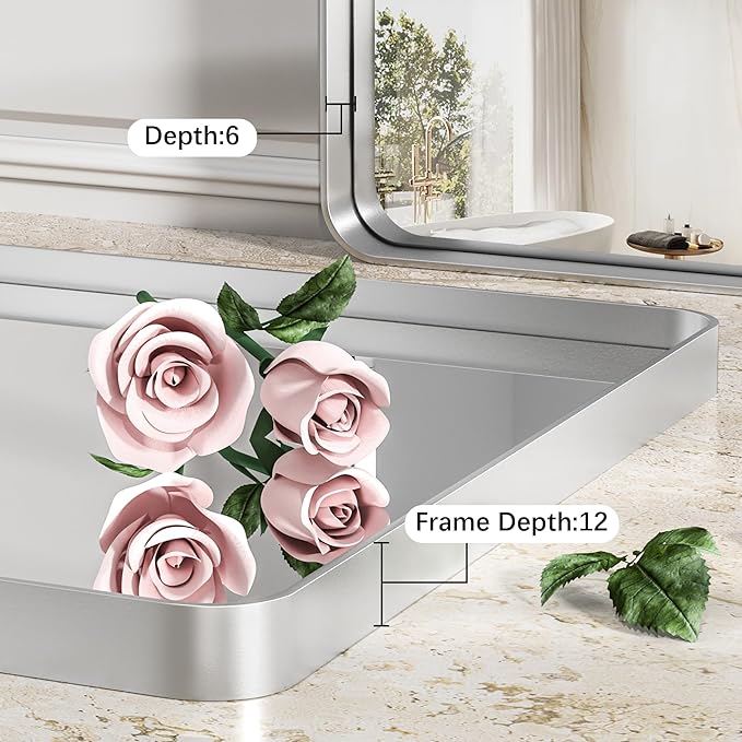Hasipu Brushed Silver Bathroom Mirror 63x35 Inch Rounded Rectangle Vanity - Image 4